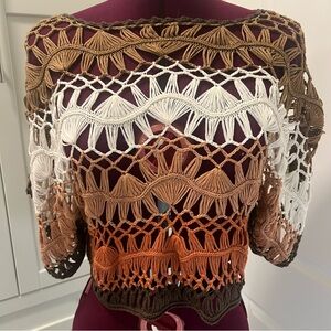 Vintage UPCHIC Striped Crochet Macrame Short Poncho Sleeve Crop Top Size